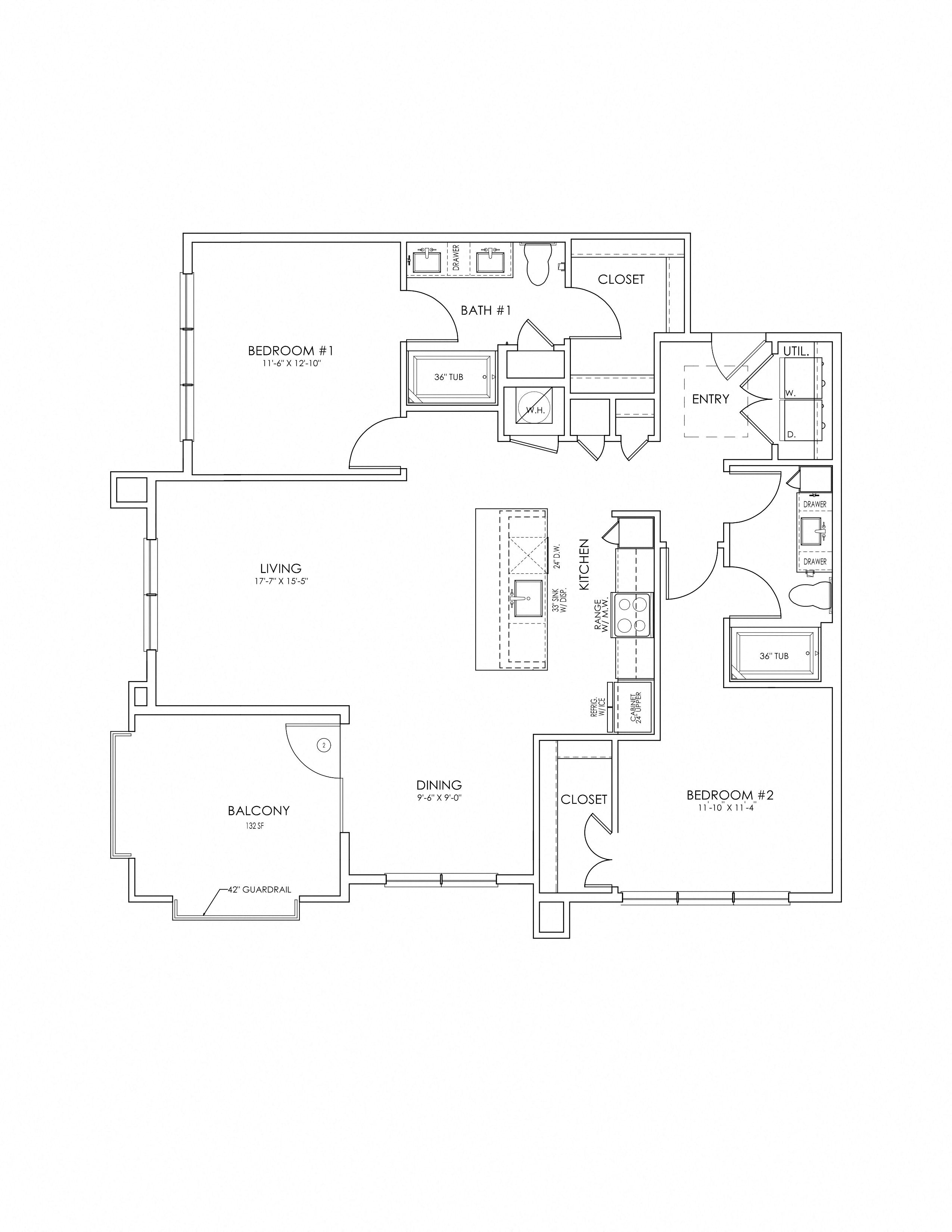 Floor plan for 2 beds, 2 baths, 1222 sqft